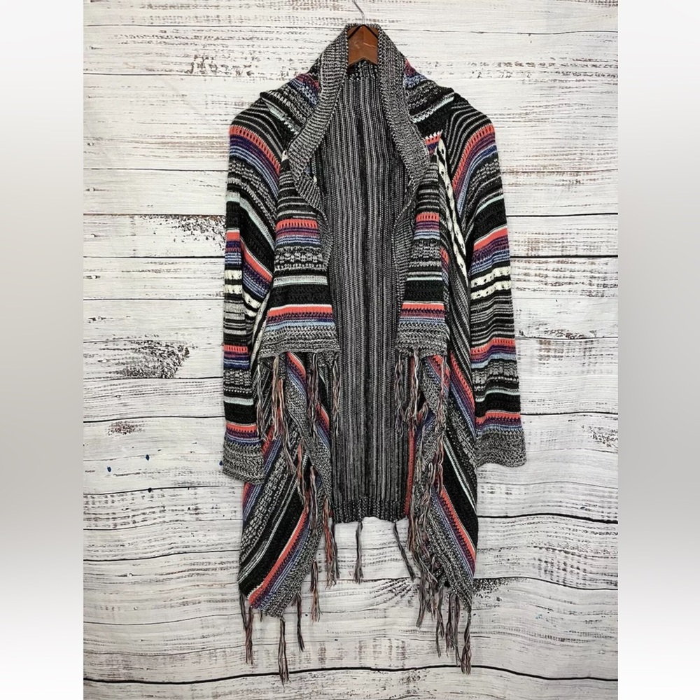 Rock N Roll Cow Girl Waterfall Striped Cardigan Sweater Size Medium Fringe Boho